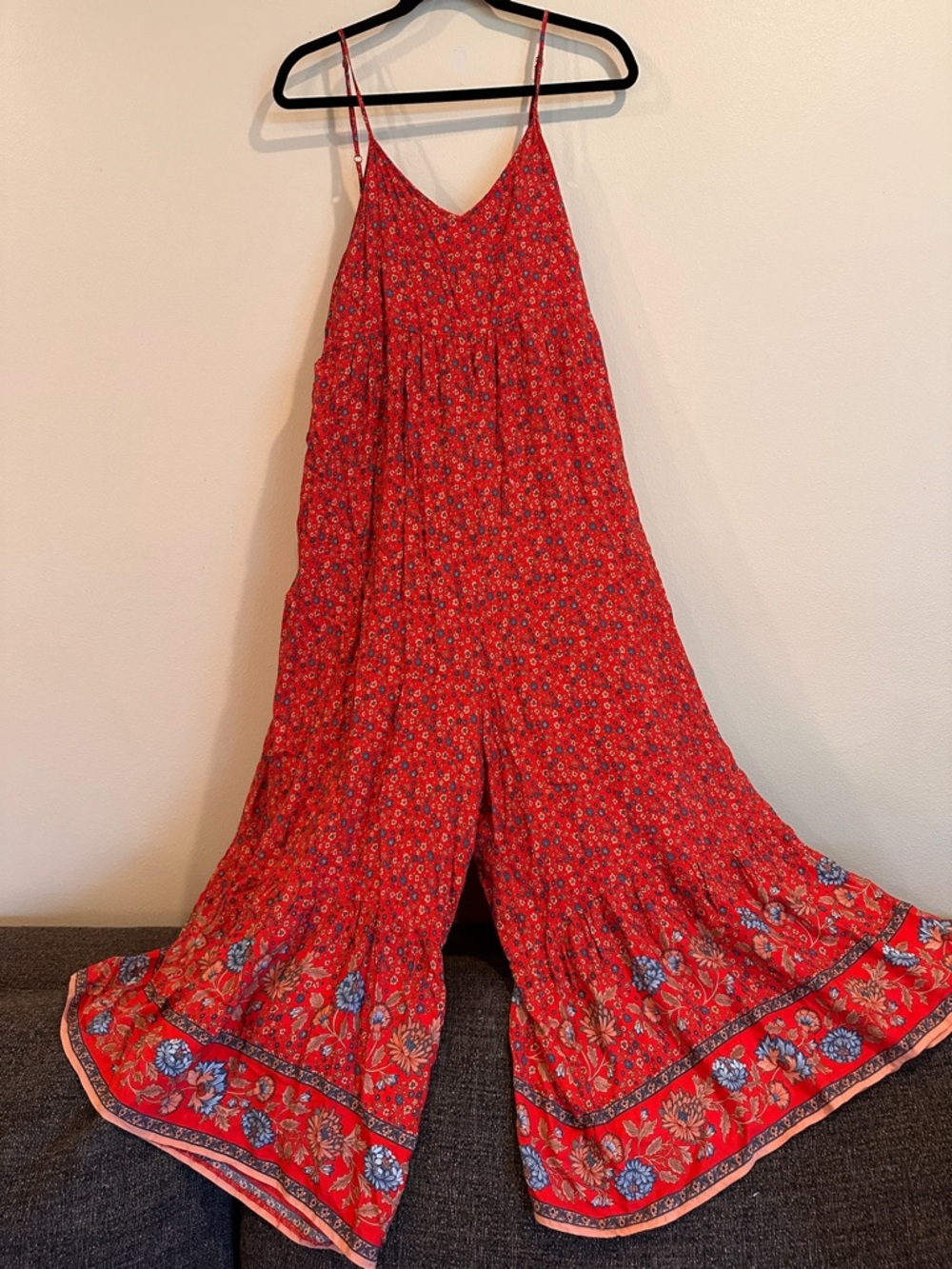 NATURAL LIFE Red Floral Wide-Leg Spaghetti Strap Jumpsuit